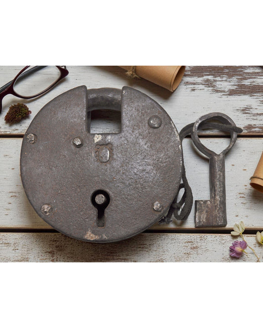Antique Iron Round Pad Lock with Key Original Old Hand Crafted Engraved Working