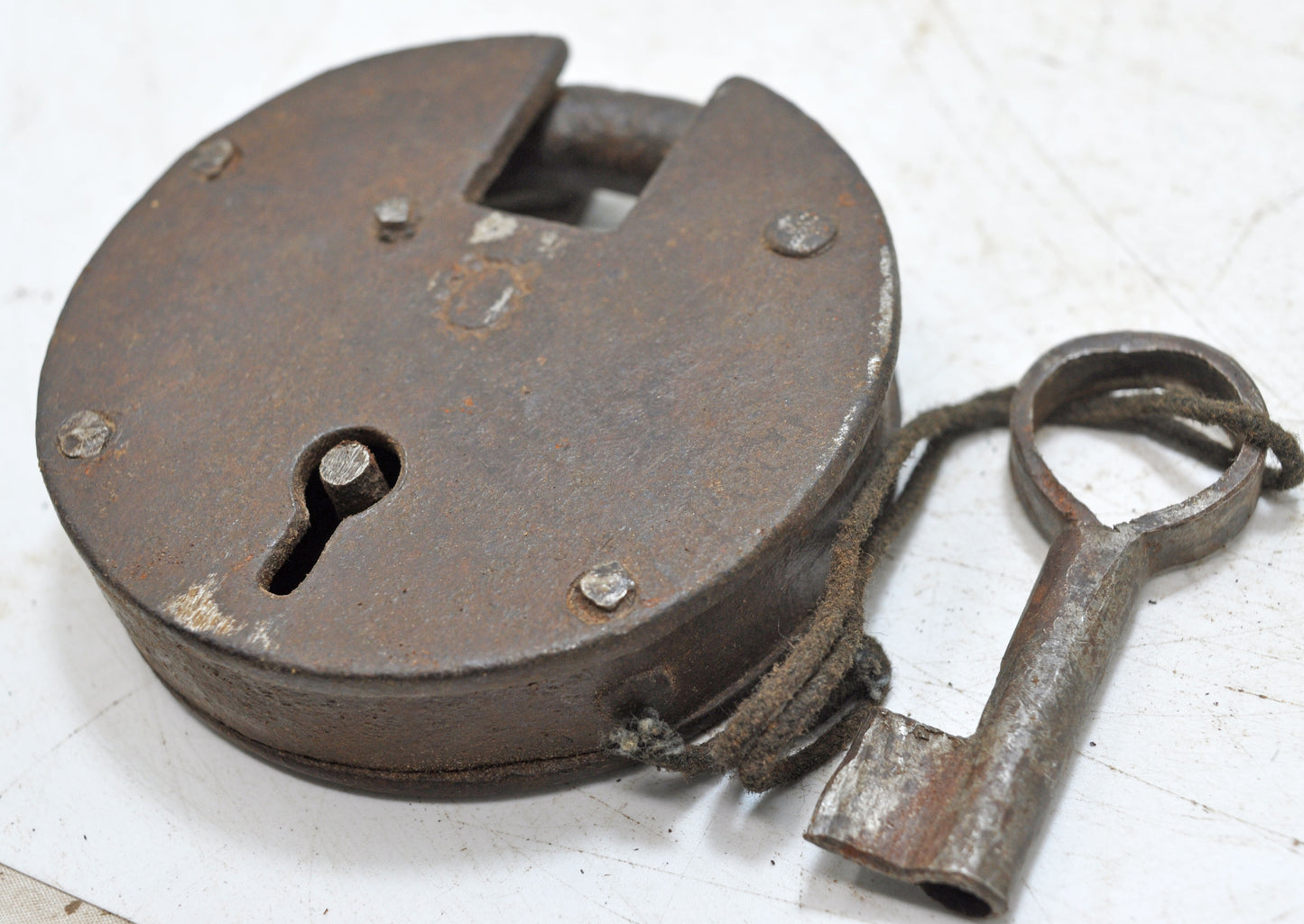 Antique Iron Round Pad Lock with Key Original Old Hand Crafted Engraved Working