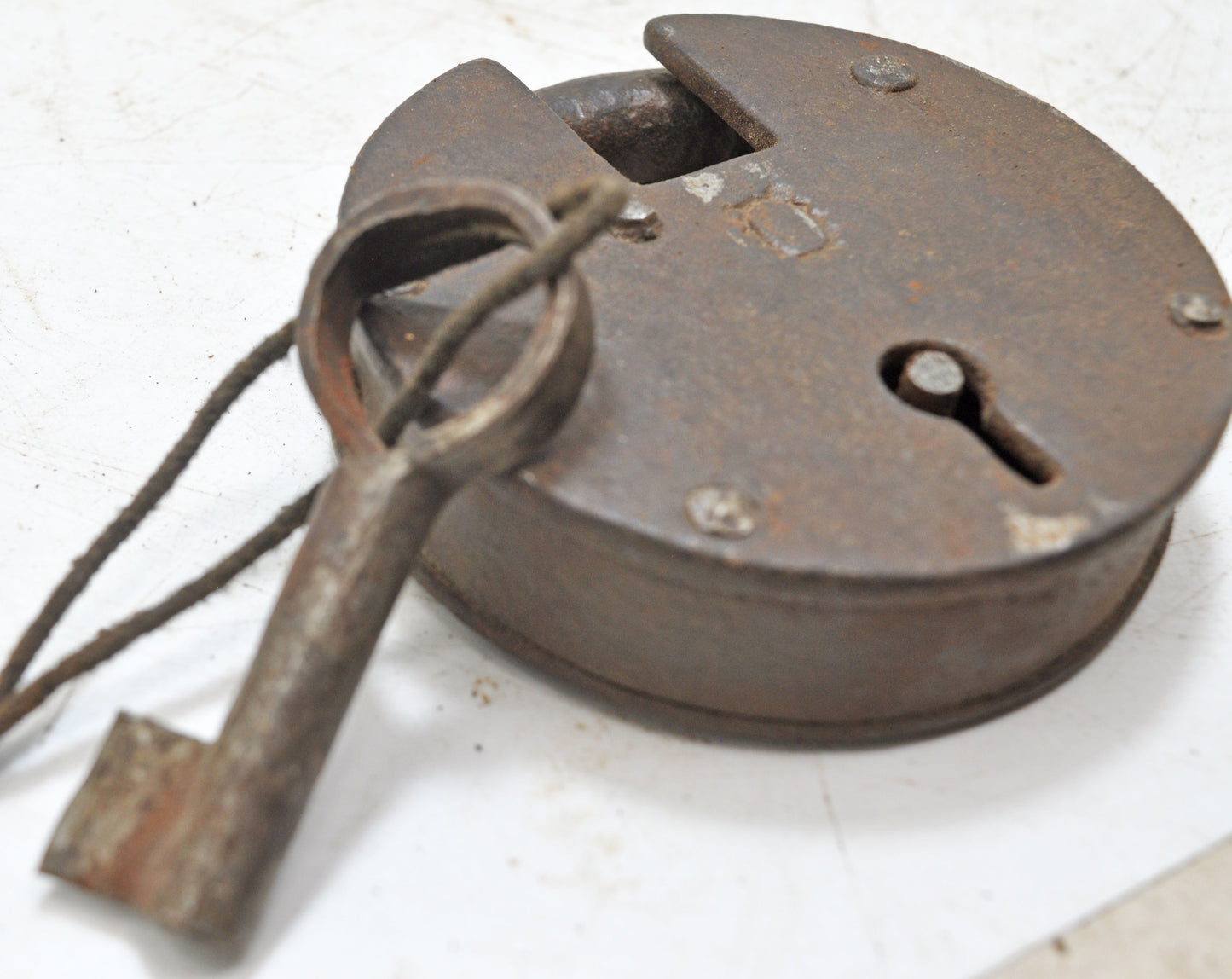 Antique Iron Round Pad Lock with Key Original Old Hand Crafted Engraved Working