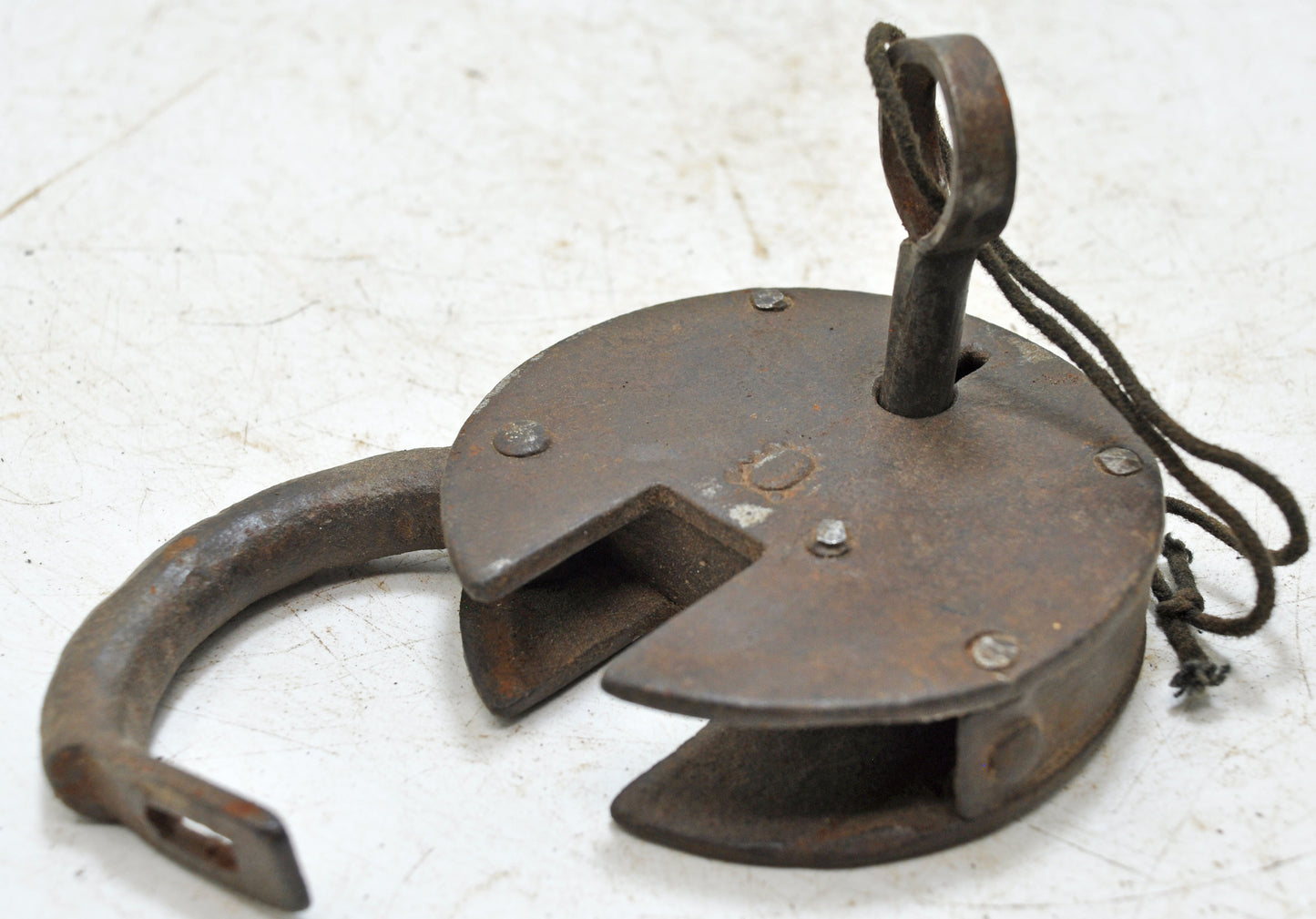 Antique Iron Round Pad Lock with Key Original Old Hand Crafted Engraved Working