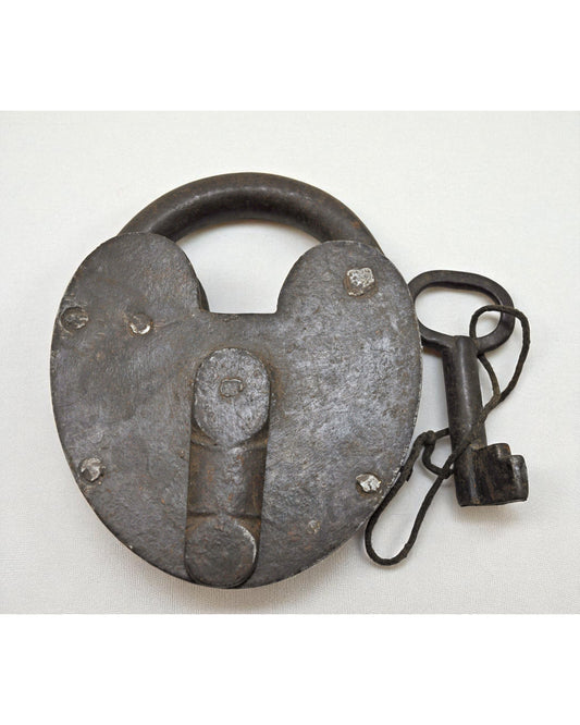 Antique Iron Round Pad Lock with Key Original Old Hand Crafted Engraved Working