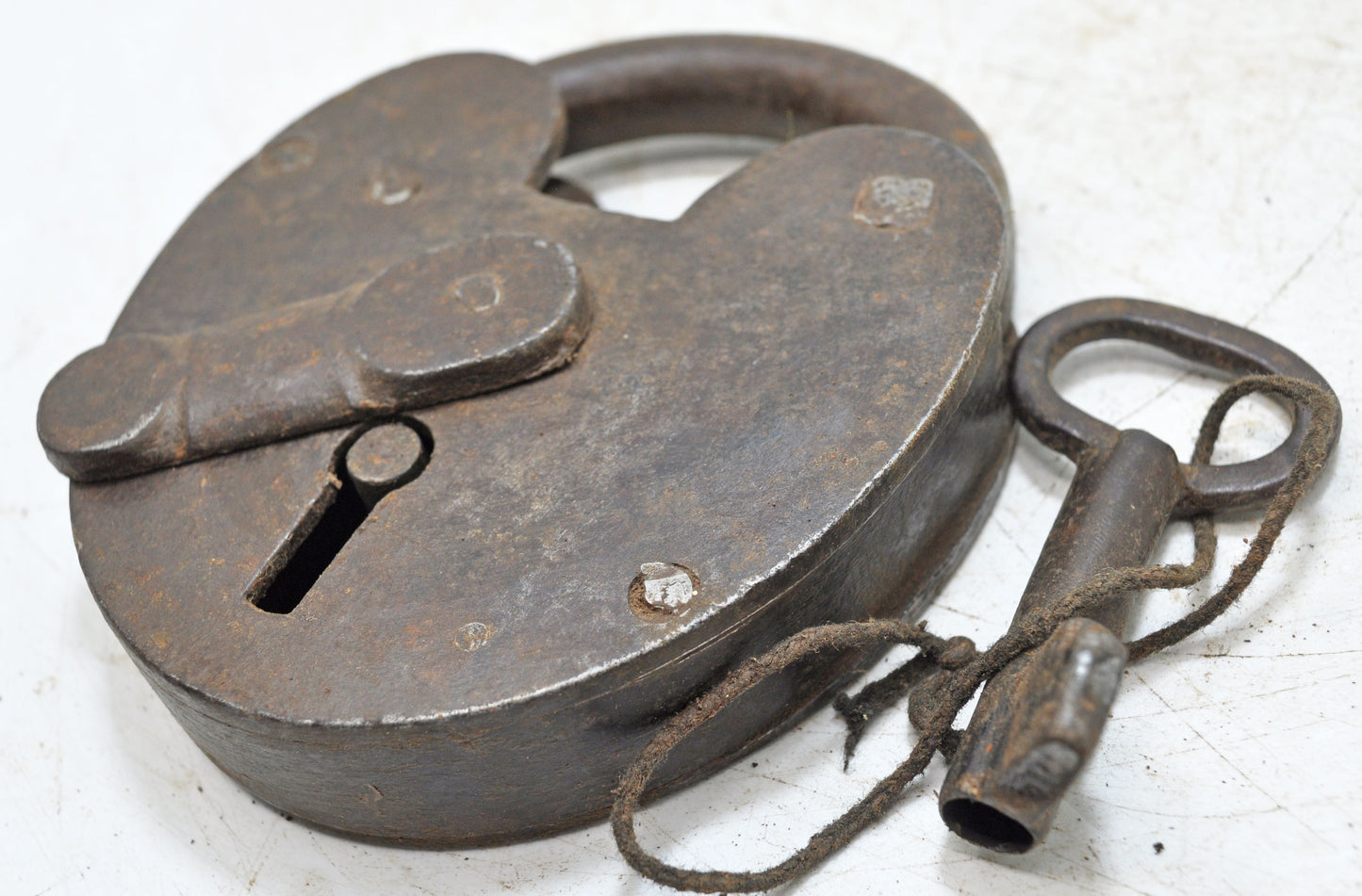 Antique Iron Round Pad Lock with Key Original Old Hand Crafted Engraved Working