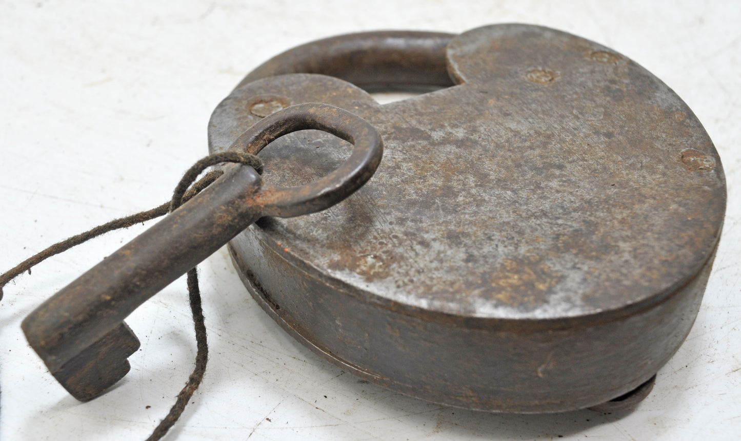 Antique Iron Round Pad Lock with Key Original Old Hand Crafted Engraved Working