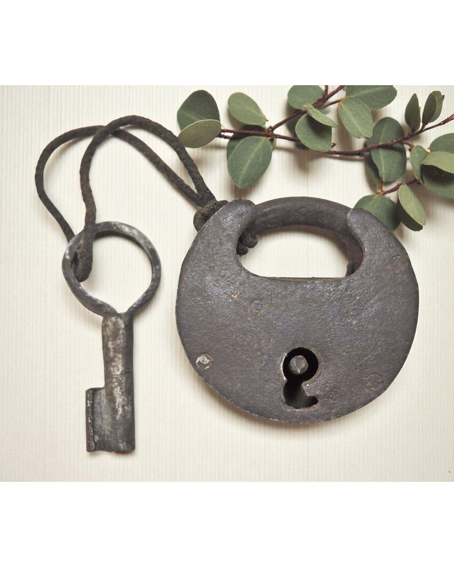 Antique Iron Round Pad Lock with Key Original Old Hand Crafted Engraved Working