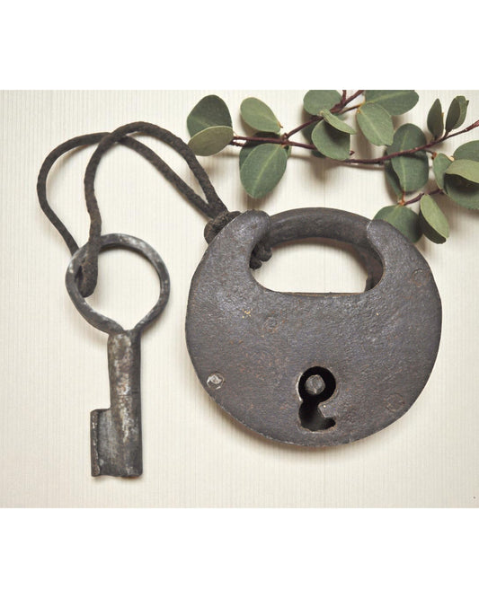 Antique Iron Round Pad Lock with Key Original Old Hand Crafted Engraved Working