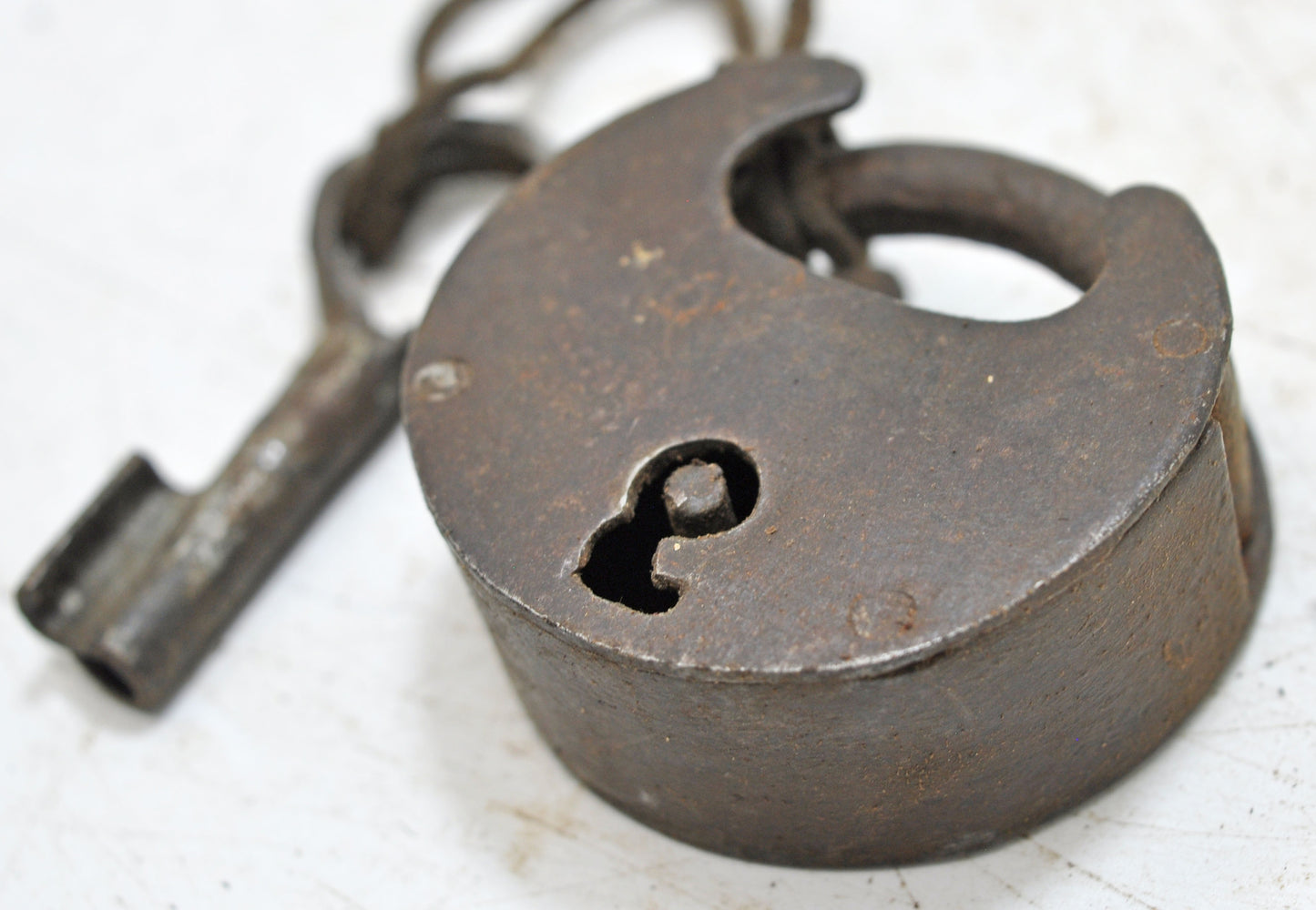 Antique Iron Round Pad Lock with Key Original Old Hand Crafted Engraved Working