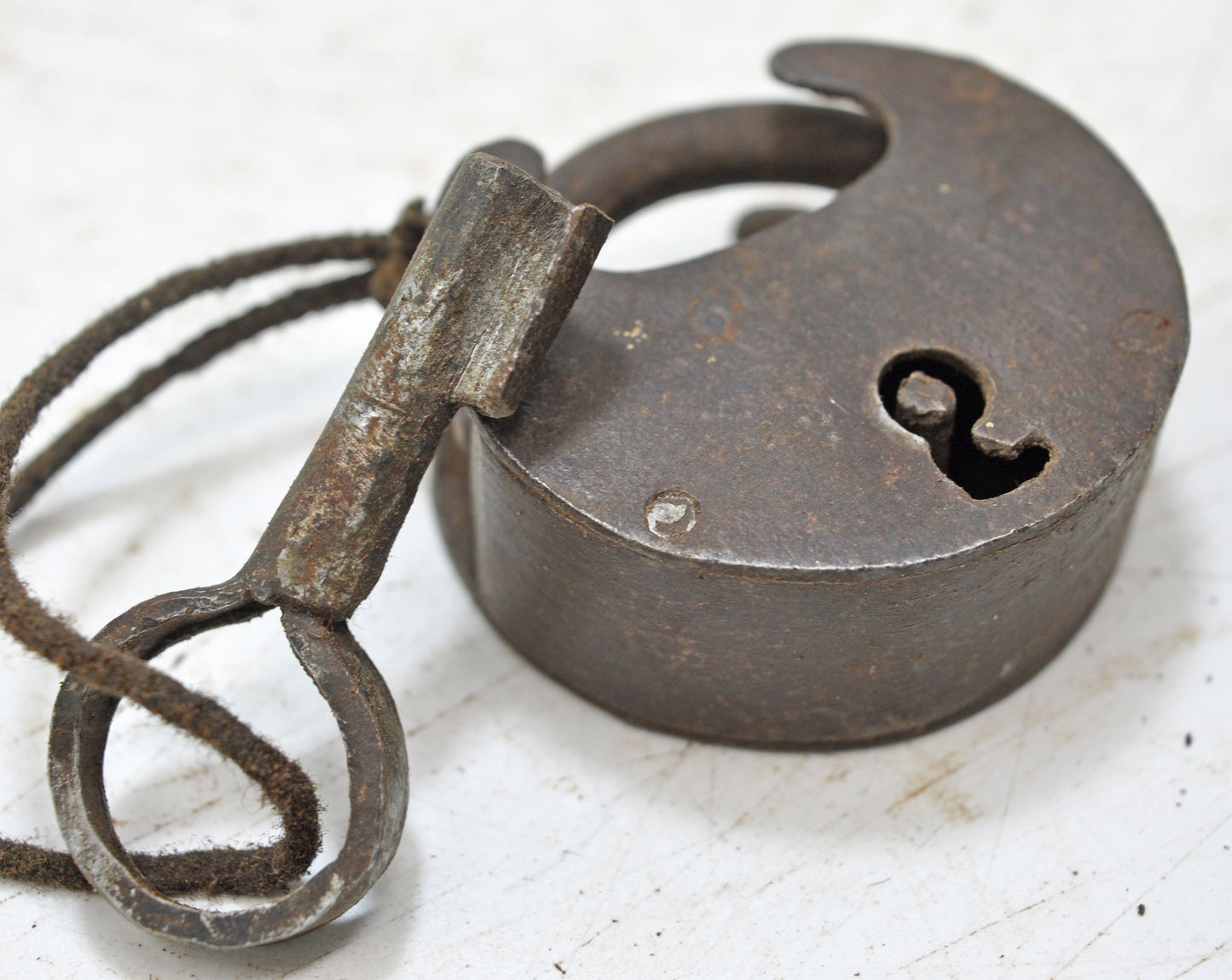 Antique Iron Round Pad Lock with Key Original Old Hand Crafted Engraved Working