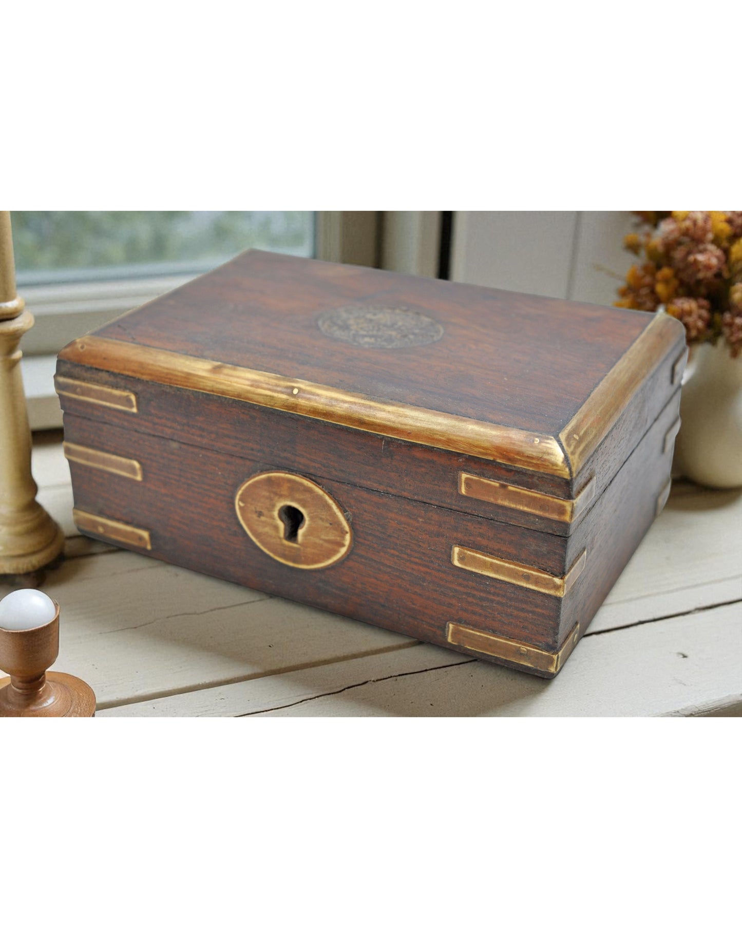 Vintage Wooden Brass Fitted Storage Box Original Old Hand Crafted