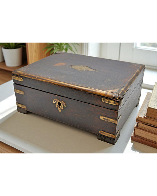 Vintage Wooden Brass Fitted Storage Box Original Old Hand Crafted