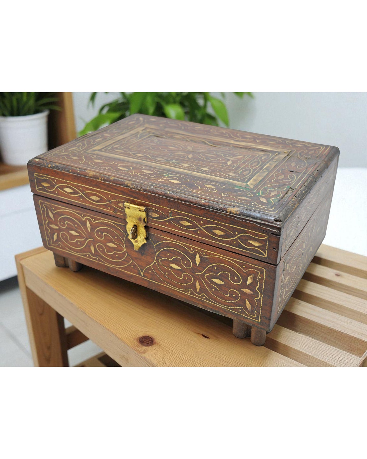 Vintage Wooden Brass Fitted Storage Box Original Old Hand Crafted