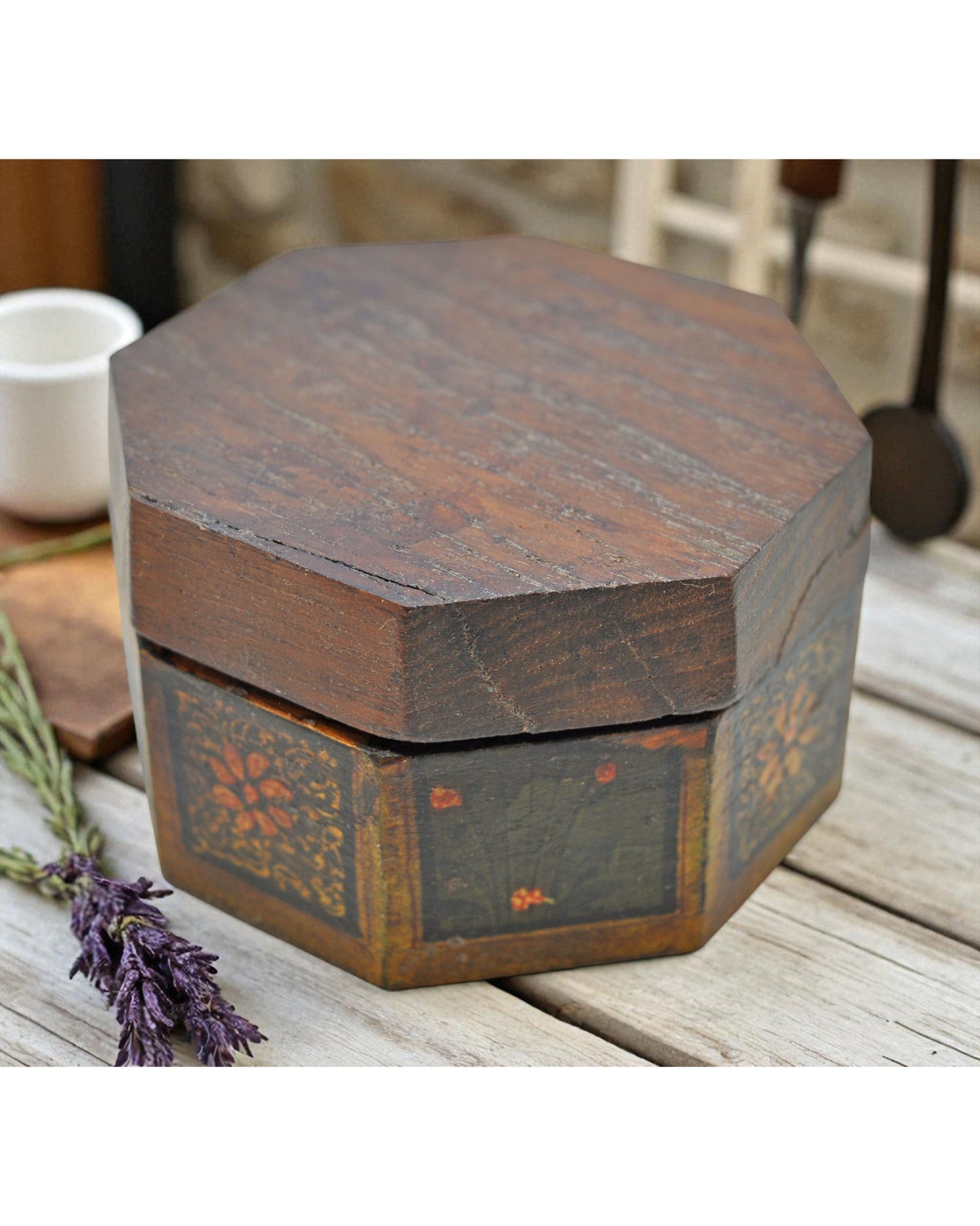 Vintage Wooden Small Octagonal Storage Box Original Old Hand Crafted Painted