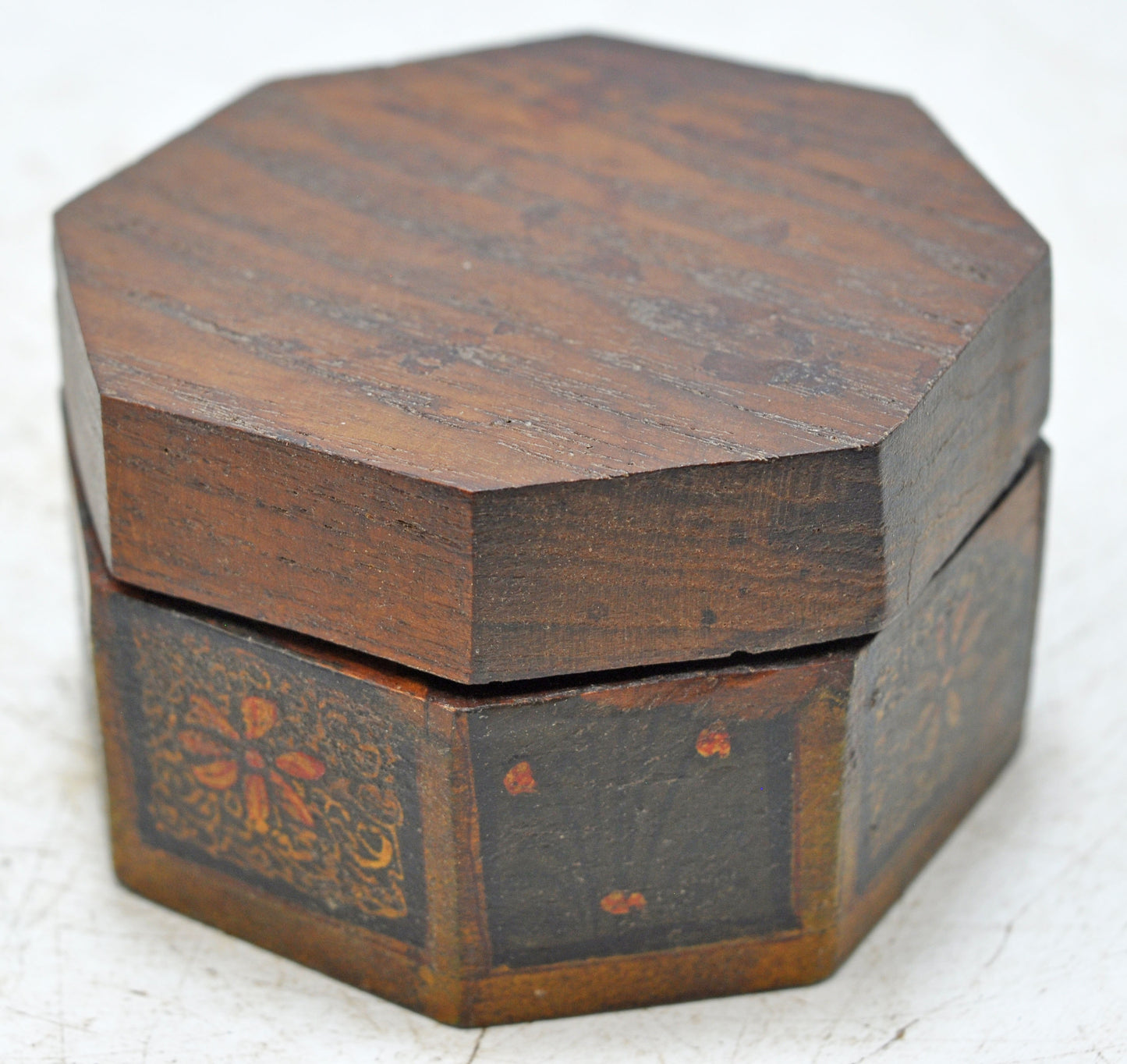 Vintage Wooden Small Octagonal Storage Box Original Old Hand Crafted Painted