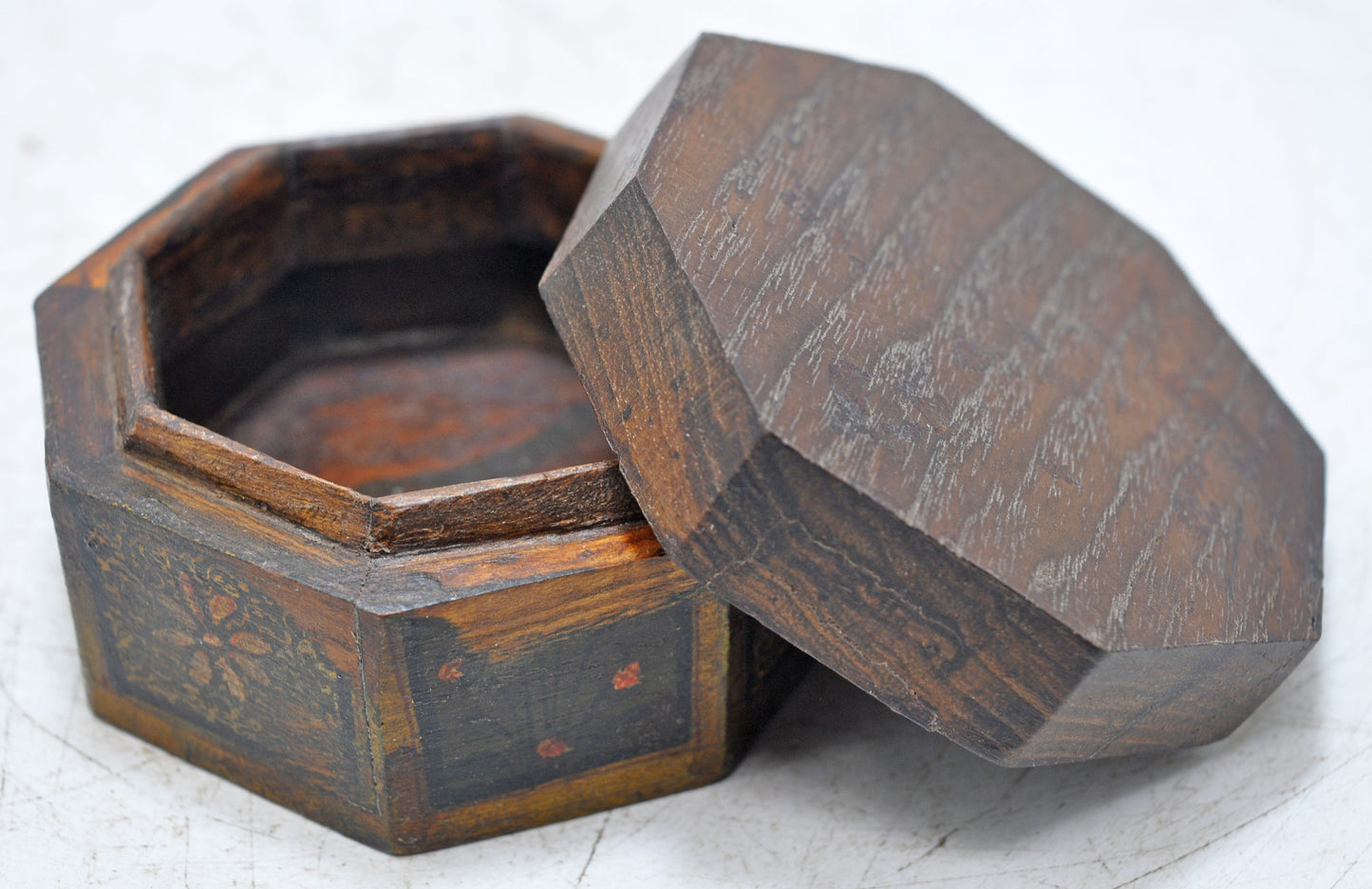 Vintage Wooden Small Octagonal Storage Box Original Old Hand Crafted Painted