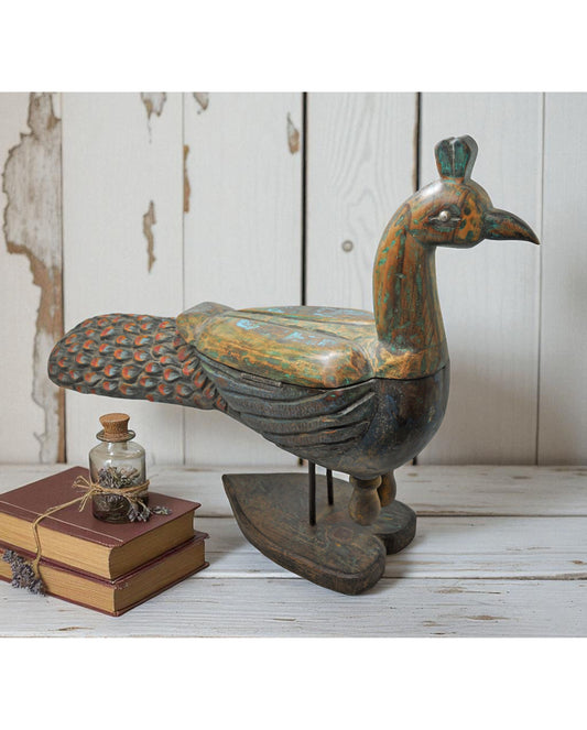 Antique Wooden Large Peacock Figurine Spice Box Original Old Very Fine Hand Carved