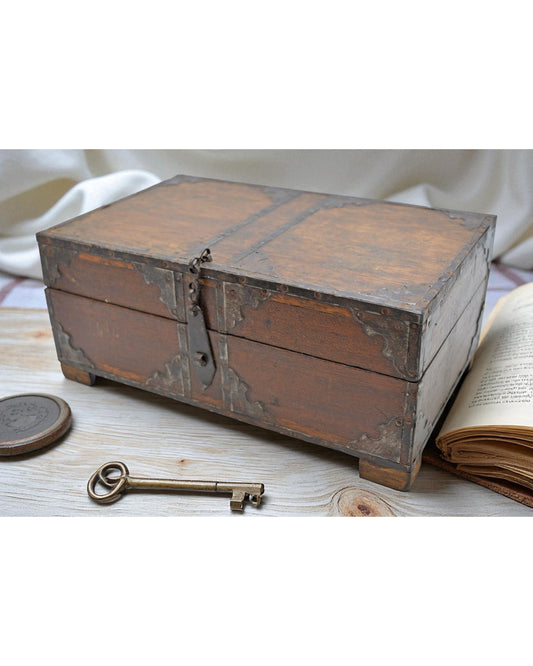 Vintage Wooden  Storage Box Original Old Hand Crafted Metal Fitted