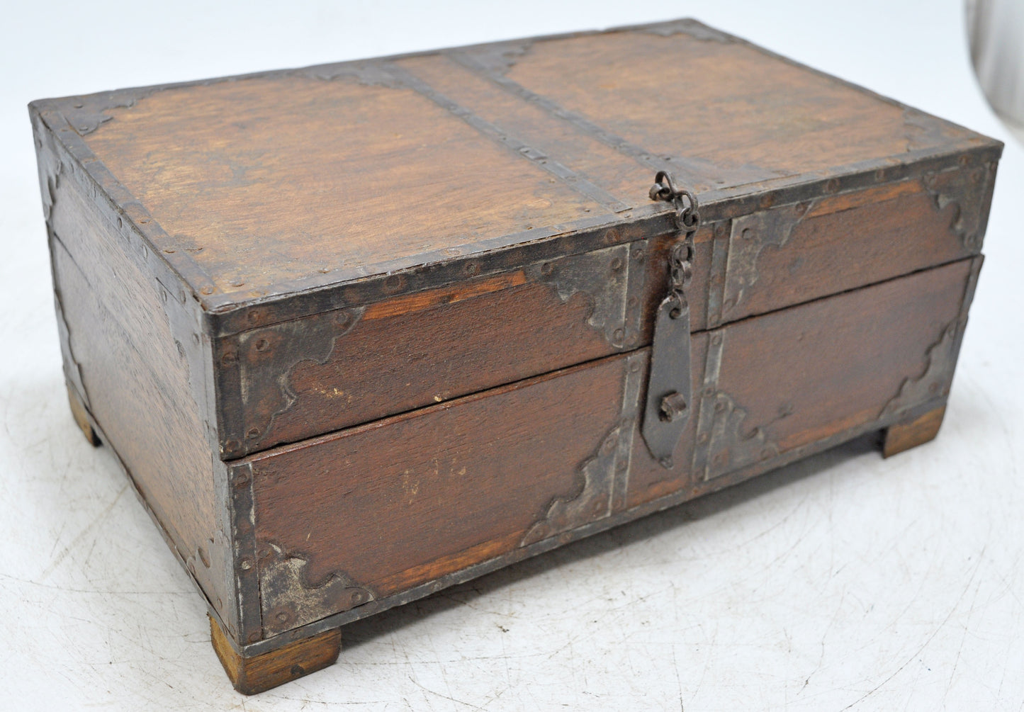 Vintage Wooden  Storage Box Original Old Hand Crafted Metal Fitted