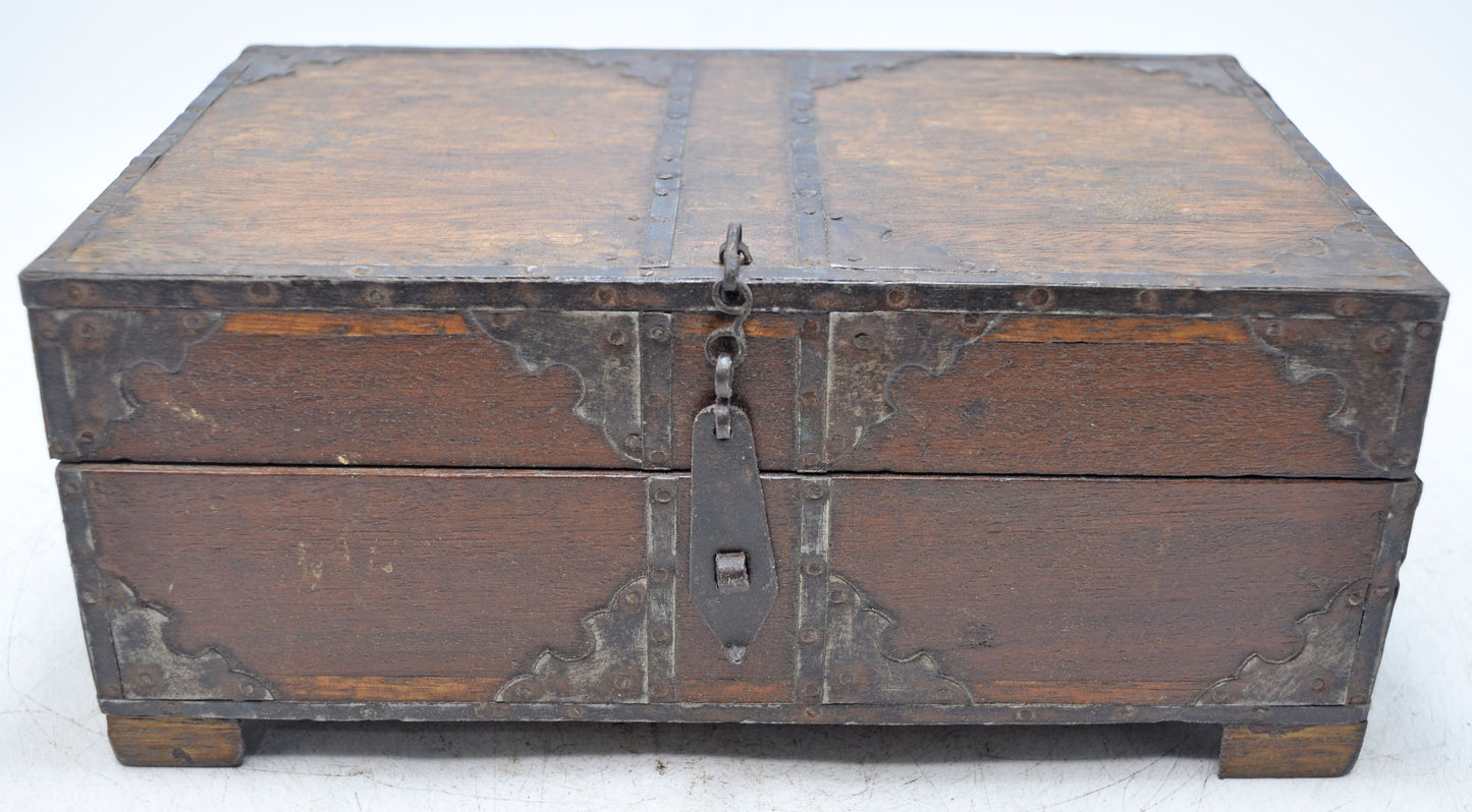 Vintage Wooden  Storage Box Original Old Hand Crafted Metal Fitted