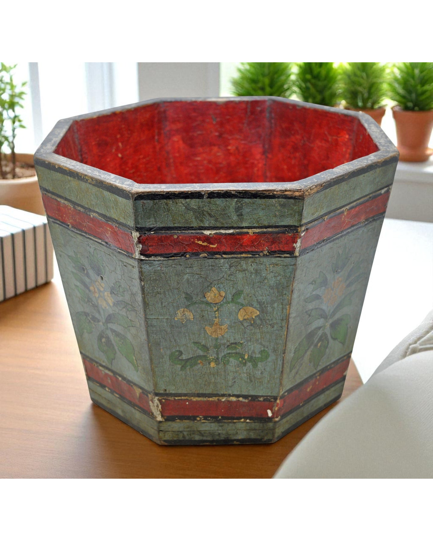 Vintage Wooden Small Planter Pot Original Old Hand Crafted Fine Painted