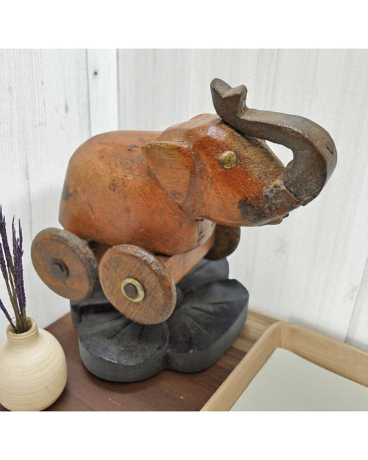 Vintage Wooden Small Elephant on Wheels Figurine Original Old Hand Carved