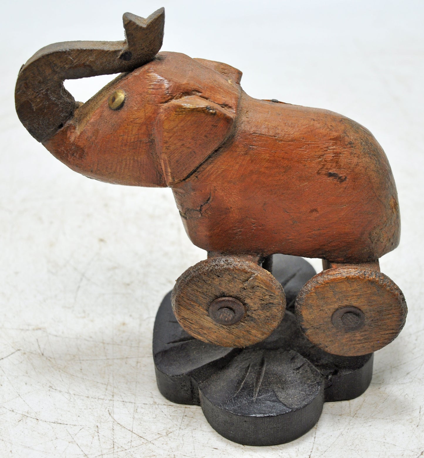 Vintage Wooden Small Elephant on Wheels Figurine Original Old Hand Carved