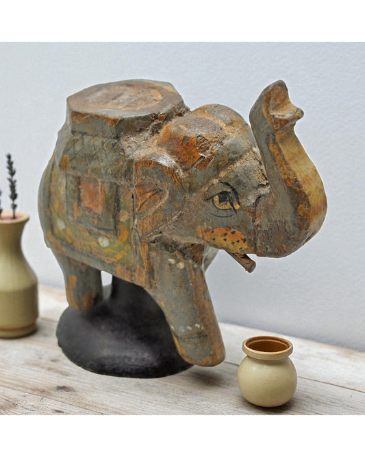 Vintage Wooden Elephant Figurine Original Old Hand Carved