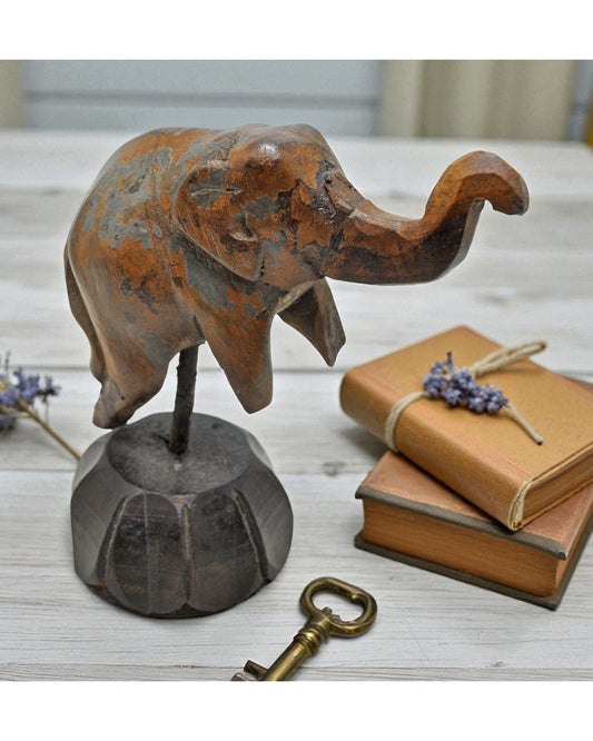 Vintage Wooden Elephant Figurine Original Old Hand Carved