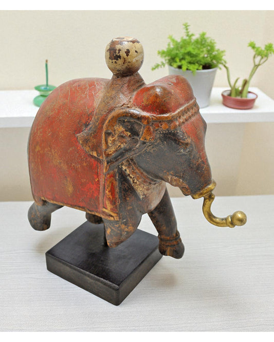 Vintage Wooden Elephant With Rider Figurine Original Old Hand Carved
