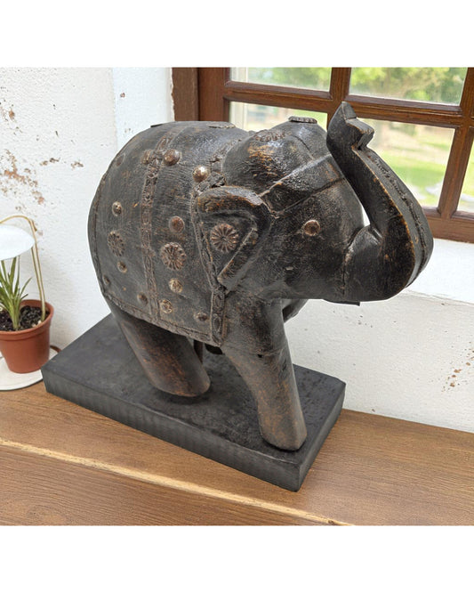 Vintage Wooden Elephant Figurine Original Old Hand Carved
