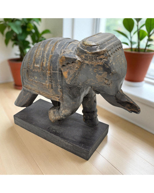 Vintage Wooden Elephant Figurine Original Old Hand Carved