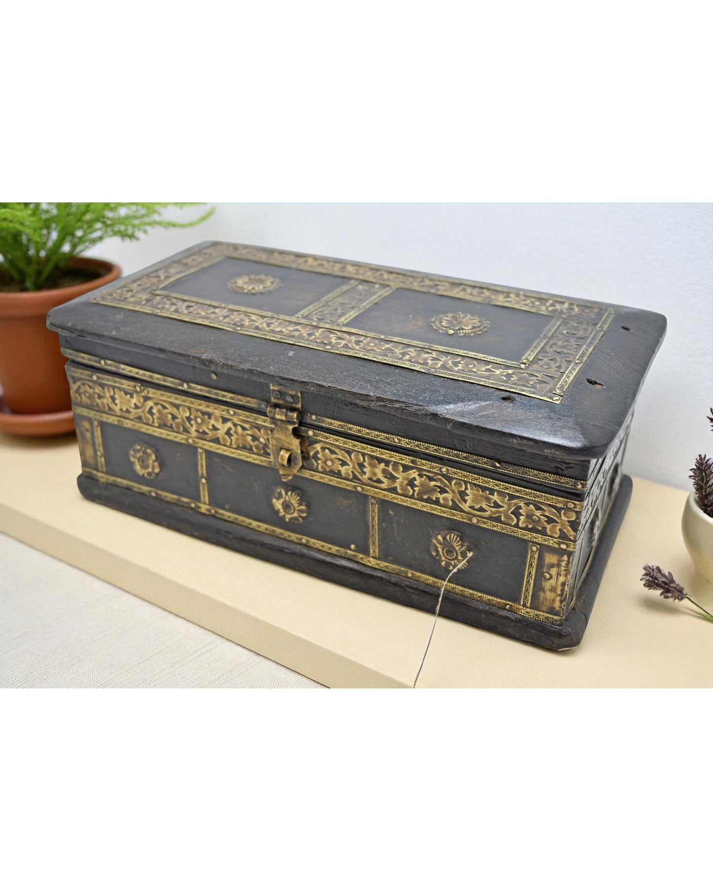 Vintage Wooden Storage Chest Box Original Old Hand Crafted Brass Fitted