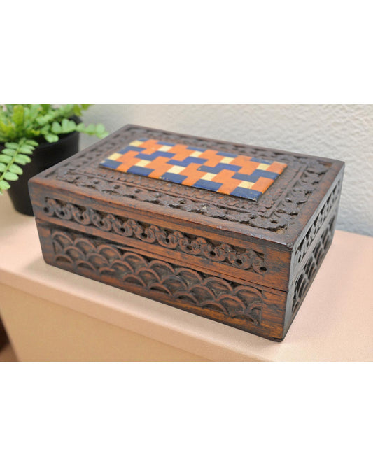 Vintage Wooden Small Storage Box Original Old Hand Crafted Carved