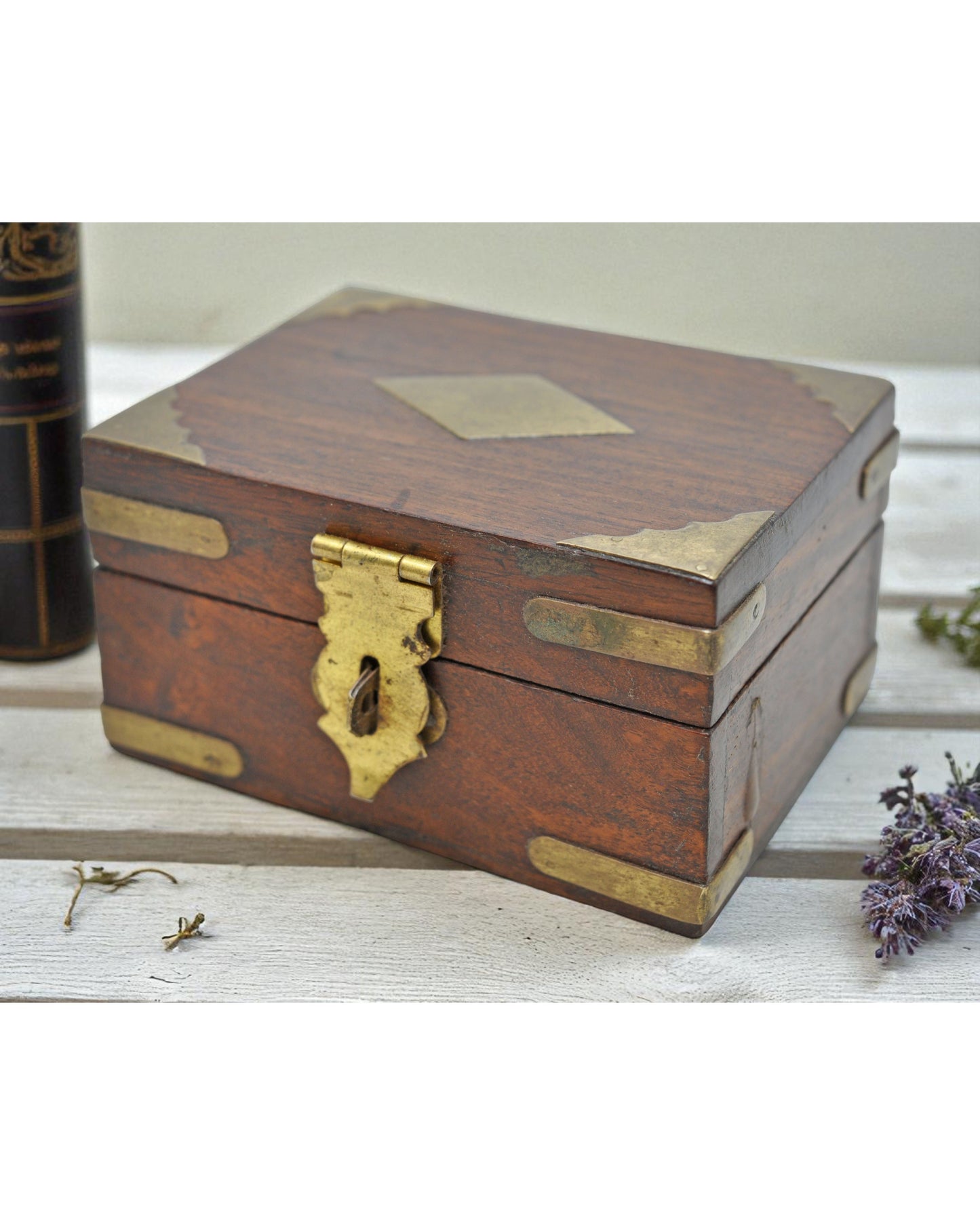 Vintage Wooden Small Storage Box Original Old Hand Crafted Brass Fitted