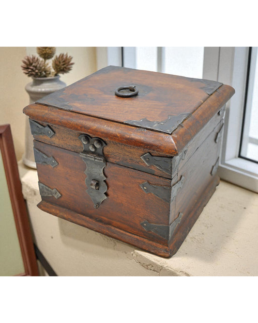 Vintage Wooden Square Storage Box Original Old Hand Crafted Metal Fitted