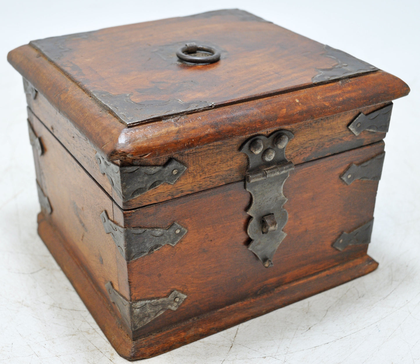 Vintage Wooden Square Storage Box Original Old Hand Crafted Metal Fitted