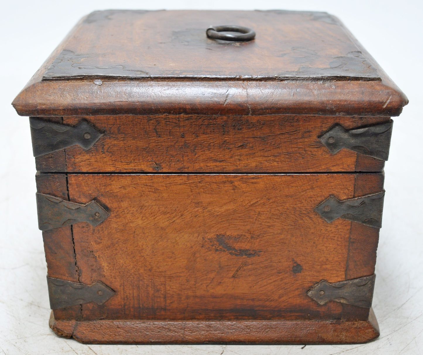 Vintage Wooden Square Storage Box Original Old Hand Crafted Metal Fitted