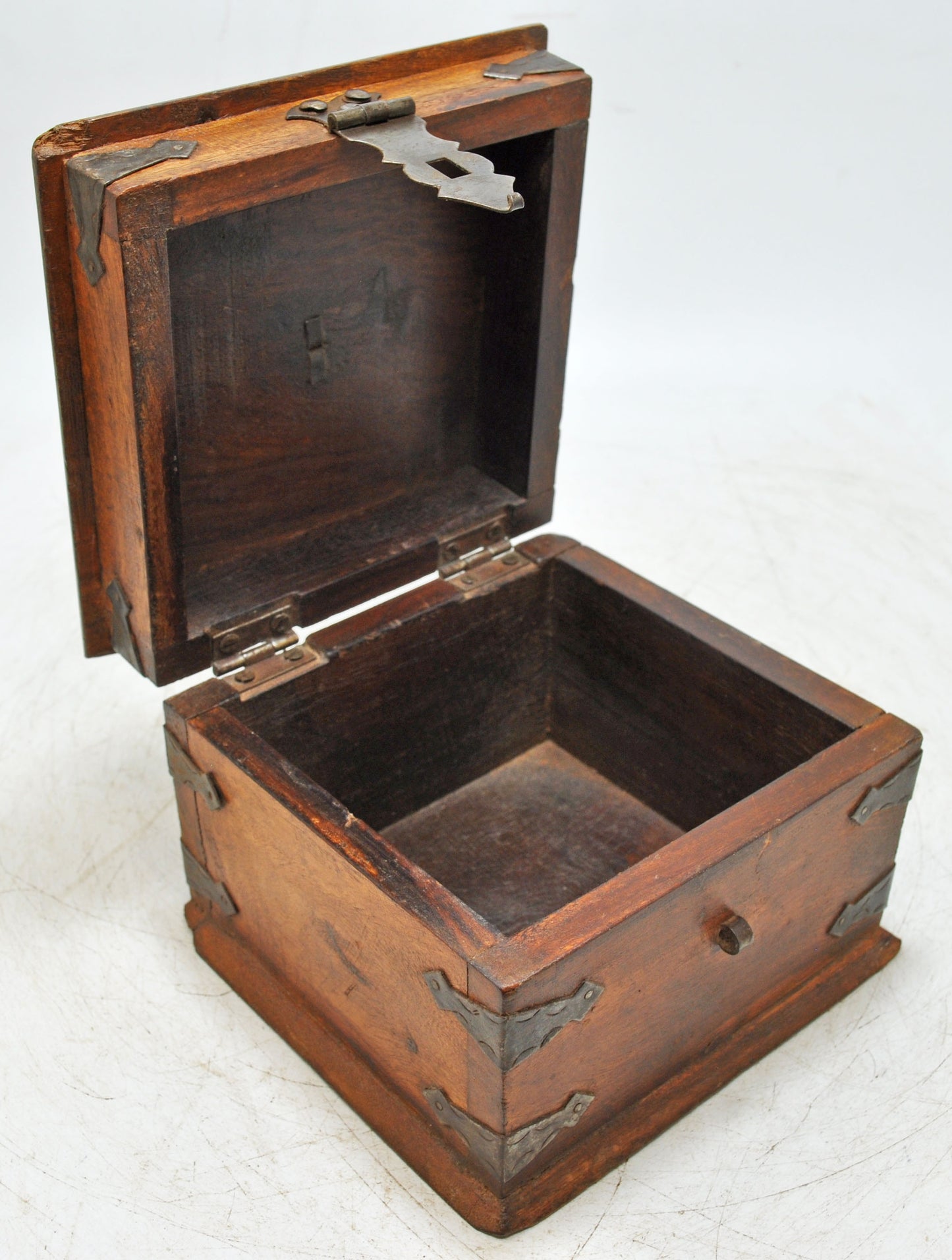 Vintage Wooden Square Storage Box Original Old Hand Crafted Metal Fitted