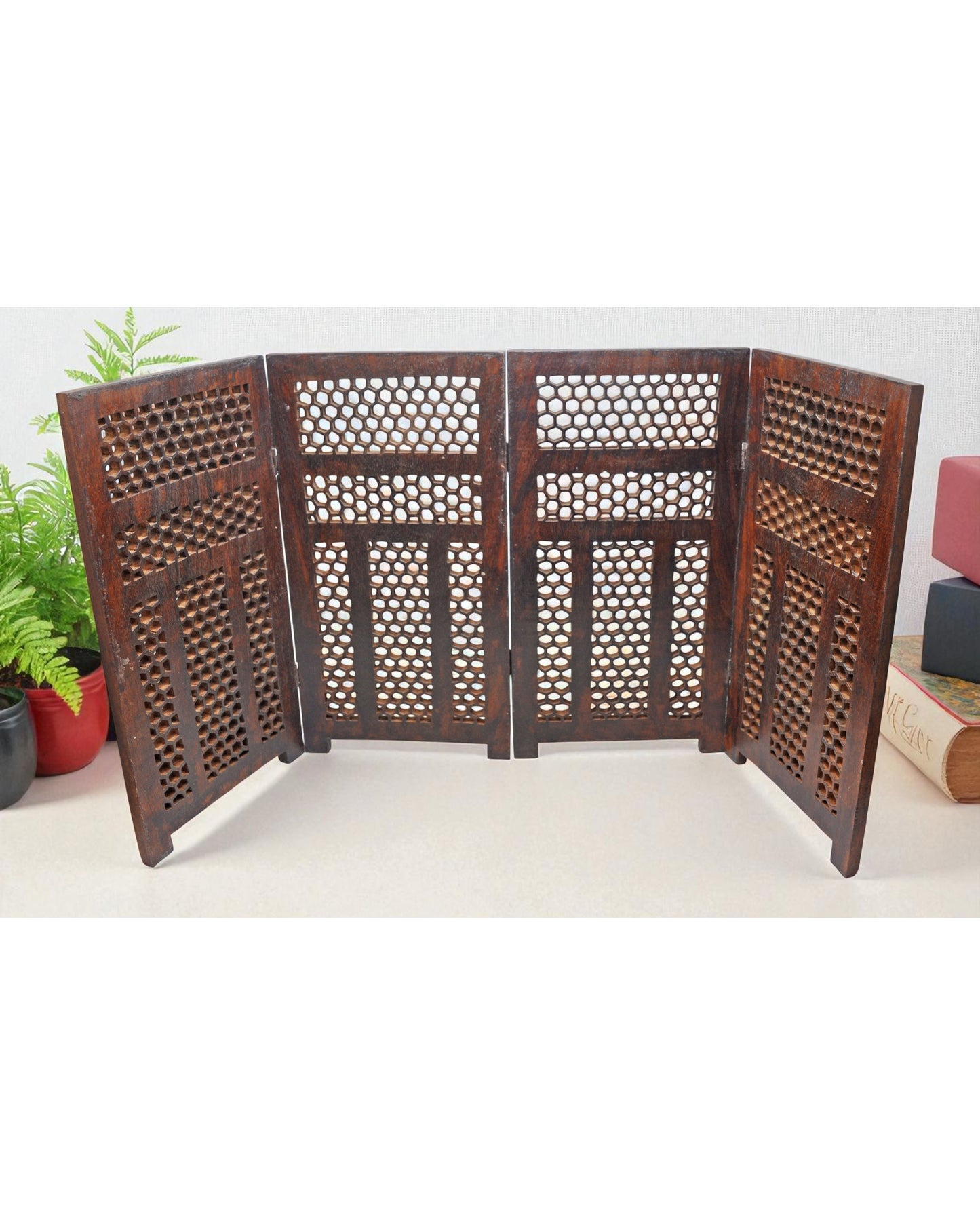 Vintage Wooden Short Desk Screen Original Old Fine Hand Carved Jali Design
