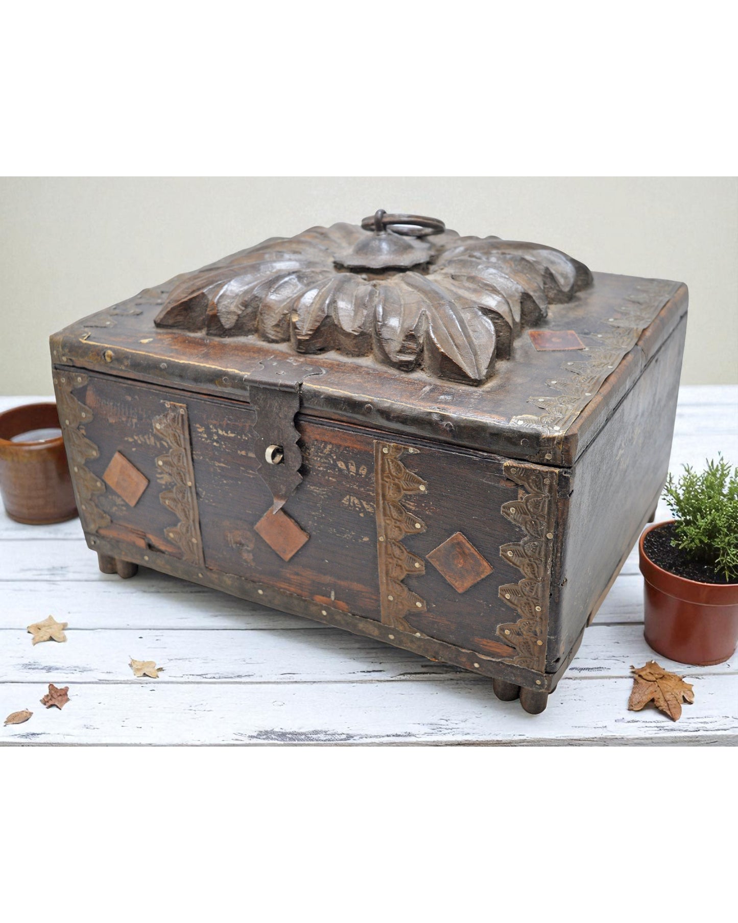 Antique Wooden Storage Chest Box Original Old Hand Crafted Fine Carved Metal Fitted