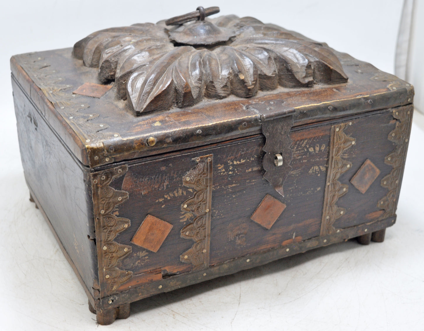 Antique Wooden Storage Chest Box Original Old Hand Crafted Fine Carved Metal Fitted