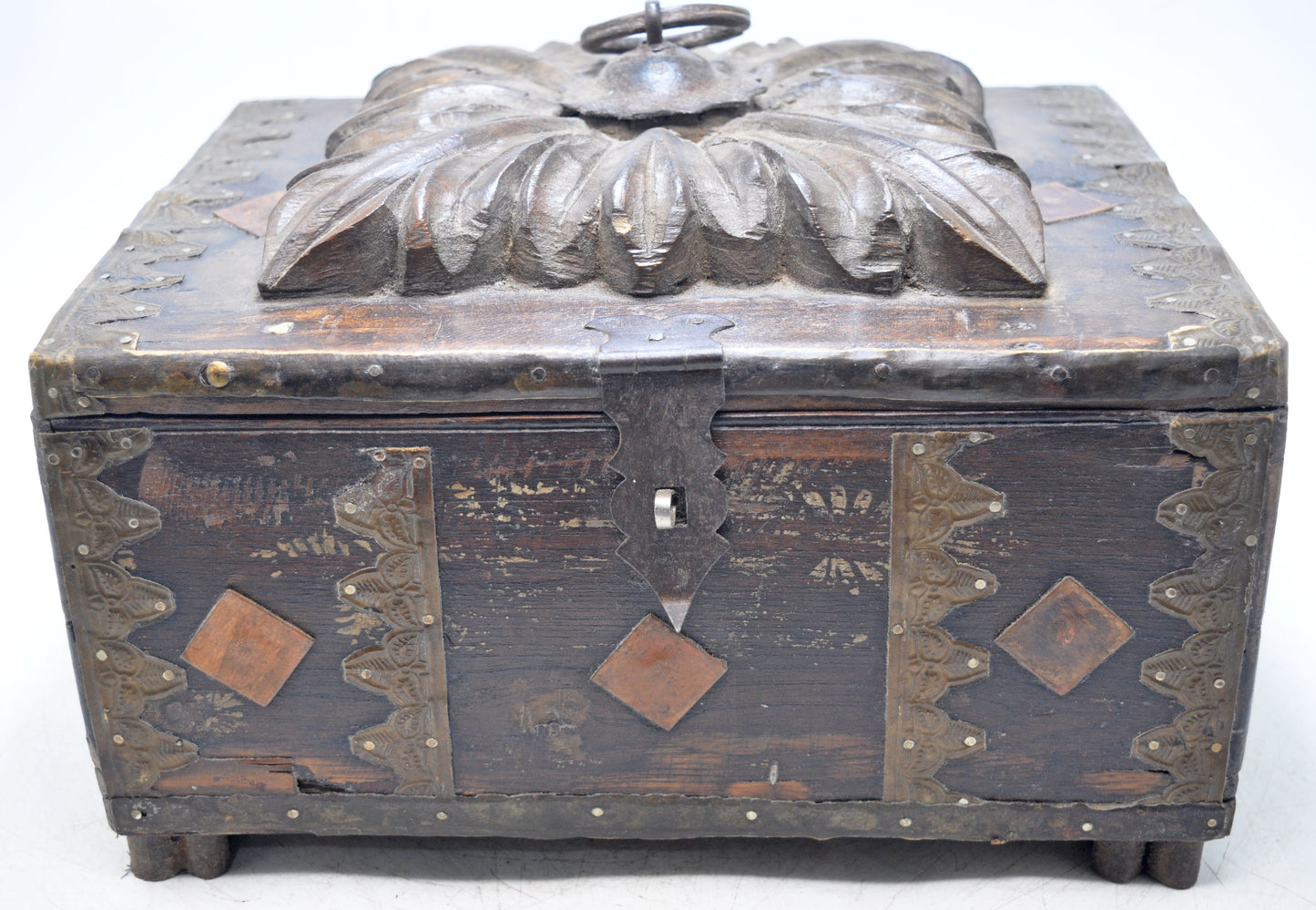 Antique Wooden Storage Chest Box Original Old Hand Crafted Fine Carved Metal Fitted