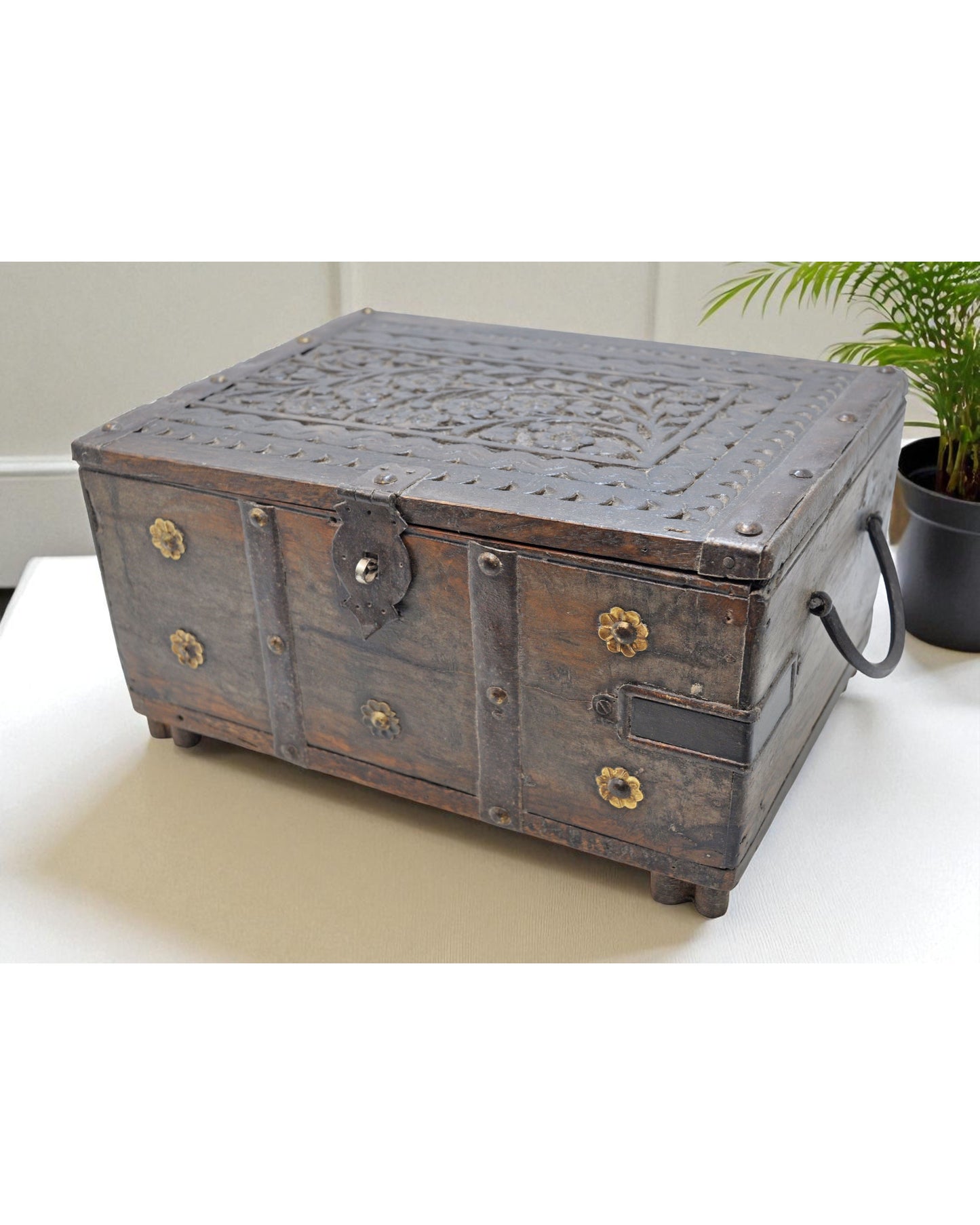 Antique Wooden Storage Chest Box Original Old Hand Crafted Fine Carved Metal Fitted