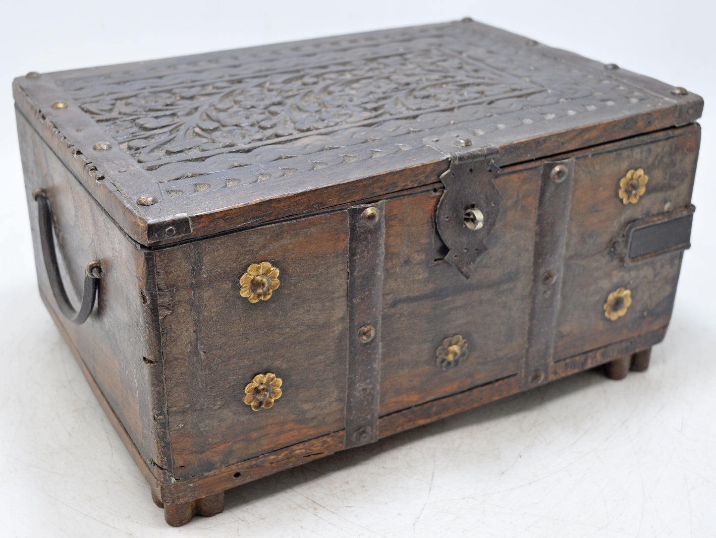 Antique Wooden Storage Chest Box Original Old Hand Crafted Fine Carved Metal Fitted