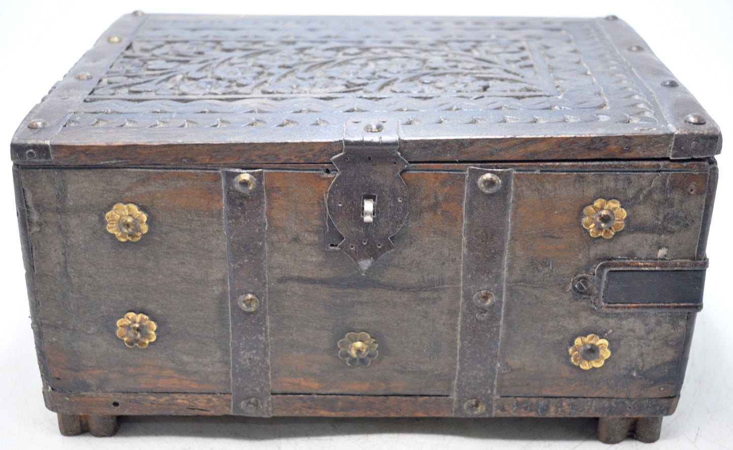 Antique Wooden Storage Chest Box Original Old Hand Crafted Fine Carved Metal Fitted