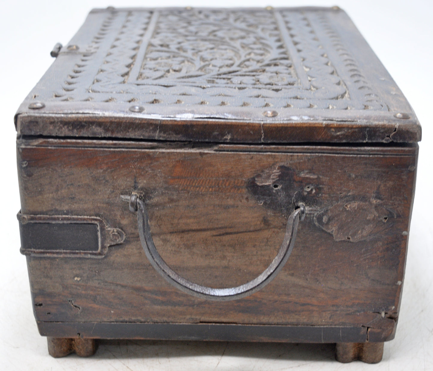 Antique Wooden Storage Chest Box Original Old Hand Crafted Fine Carved Metal Fitted