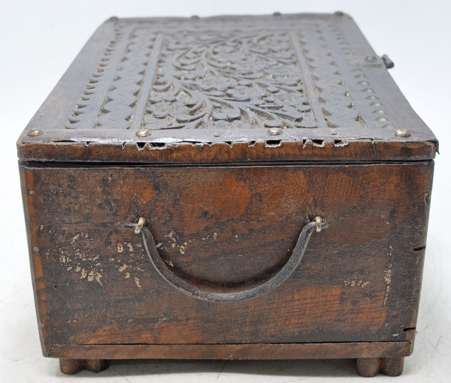 Antique Wooden Storage Chest Box Original Old Hand Crafted Fine Carved Metal Fitted
