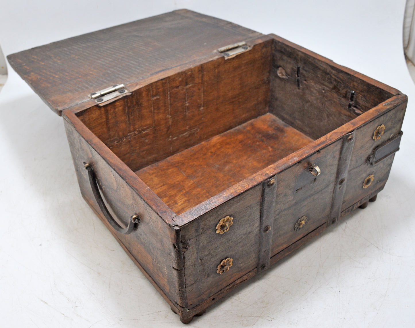 Antique Wooden Storage Chest Box Original Old Hand Crafted Fine Carved Metal Fitted