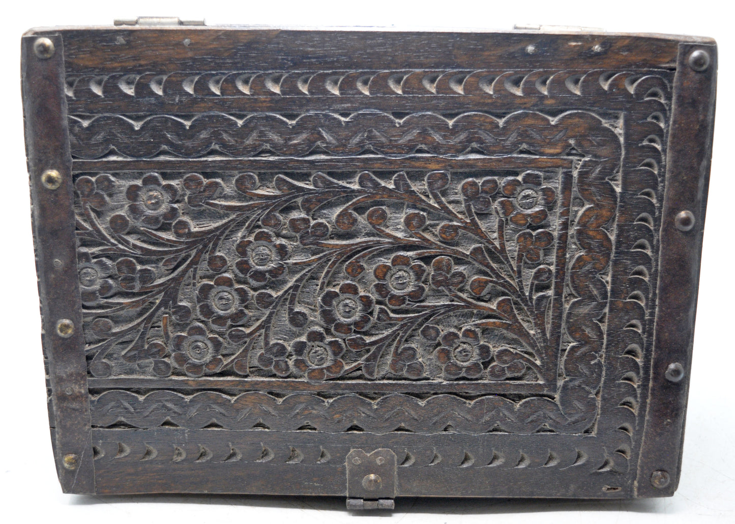 Antique Wooden Storage Chest Box Original Old Hand Crafted Fine Carved Metal Fitted