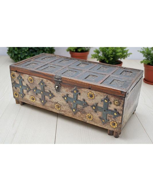 Antique Wooden Storage Chest Box Original Old Hand Crafted Fine Carved Metal Fitted