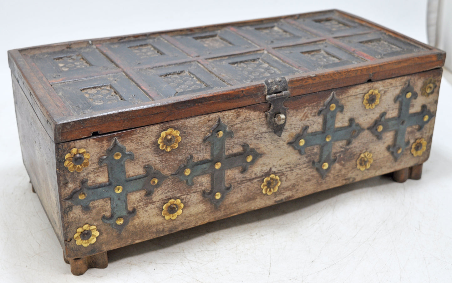 Antique Wooden Storage Chest Box Original Old Hand Crafted Fine Carved Metal Fitted