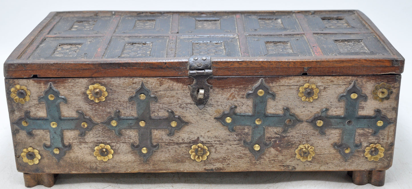Antique Wooden Storage Chest Box Original Old Hand Crafted Fine Carved Metal Fitted